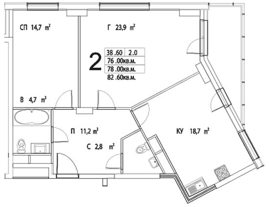 Двухкомнатная квартира 82.6 м²